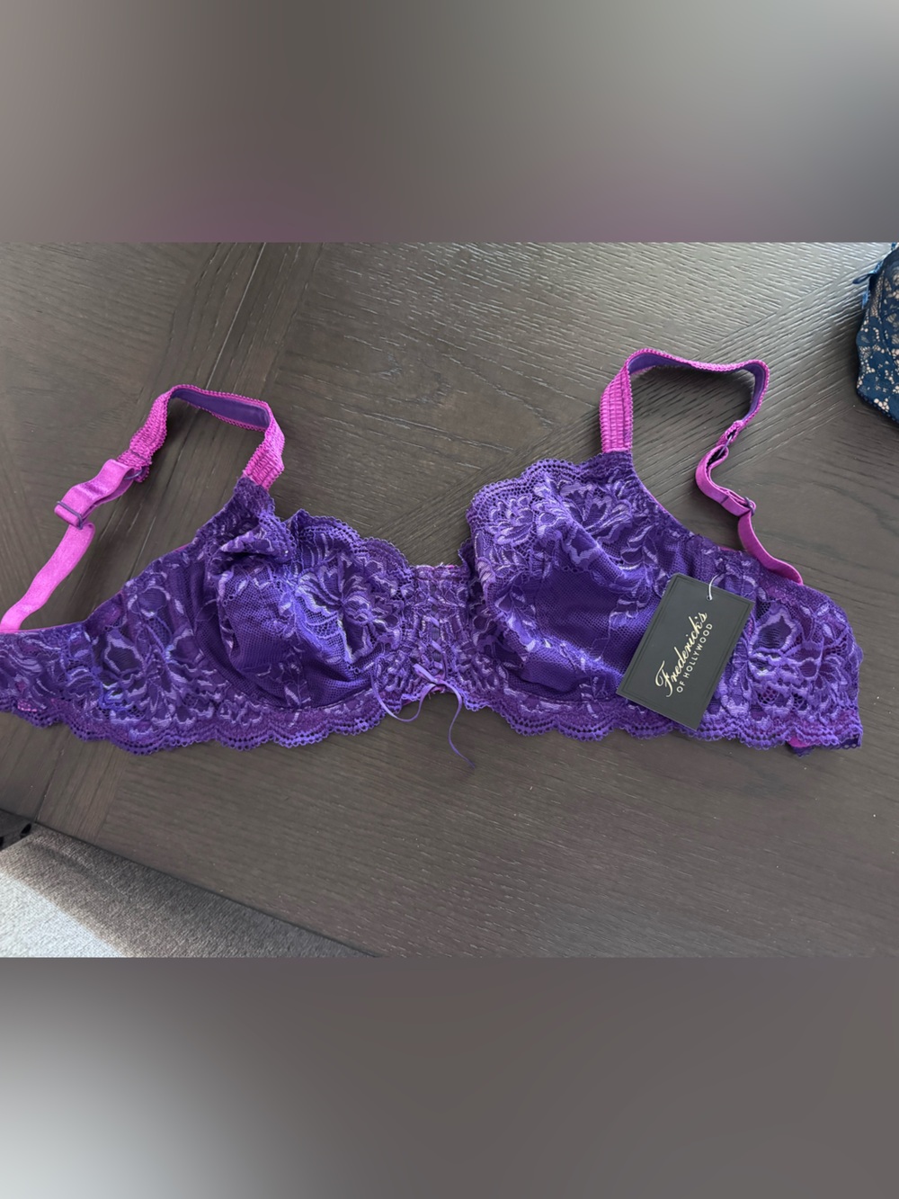 Frederick's of Hollywood Purple Lace Underwire Bra with Pink Straps
